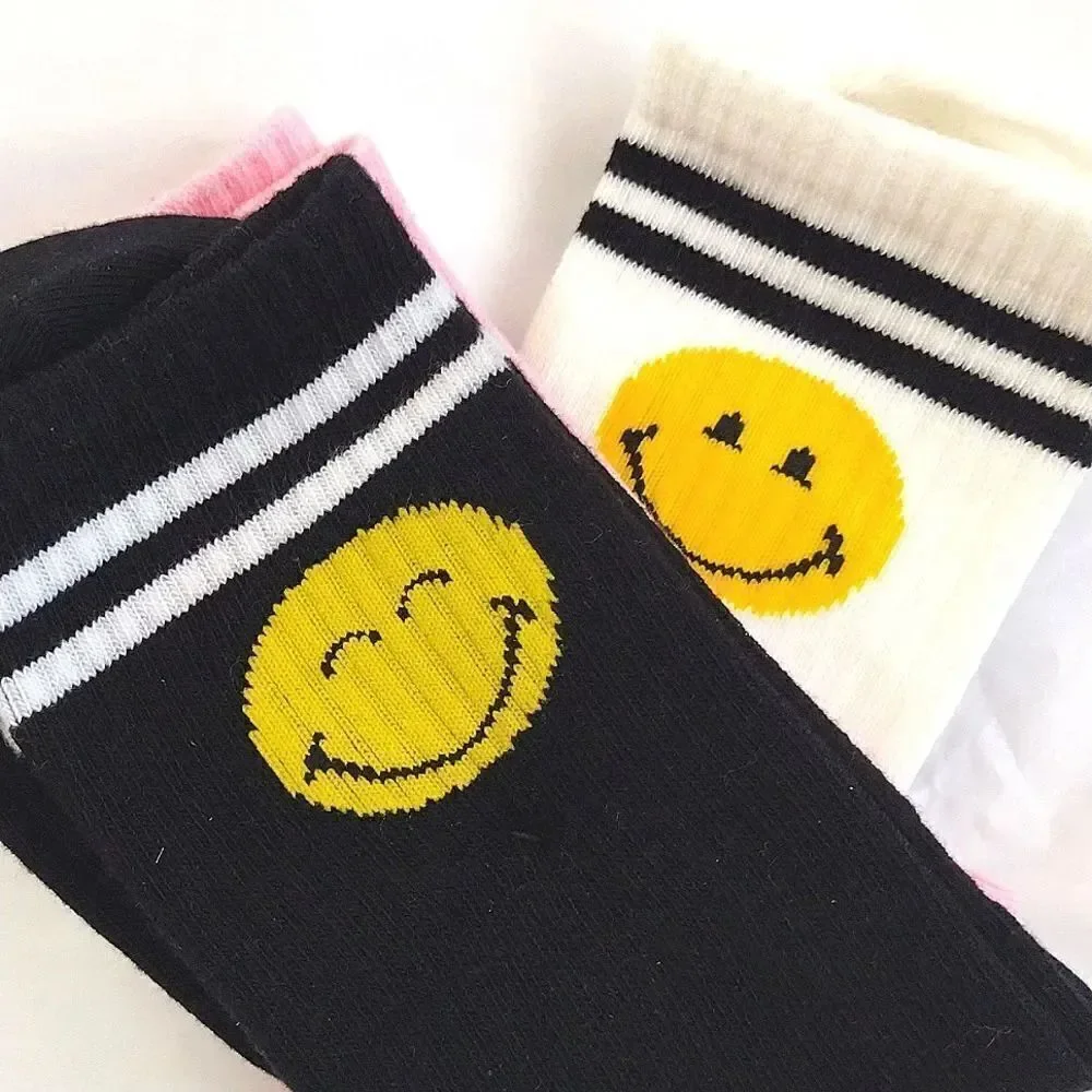 $9💥 Smiley World 3 Pairs Girl's Crew Socks NWOT Pink White Black Girly Floral